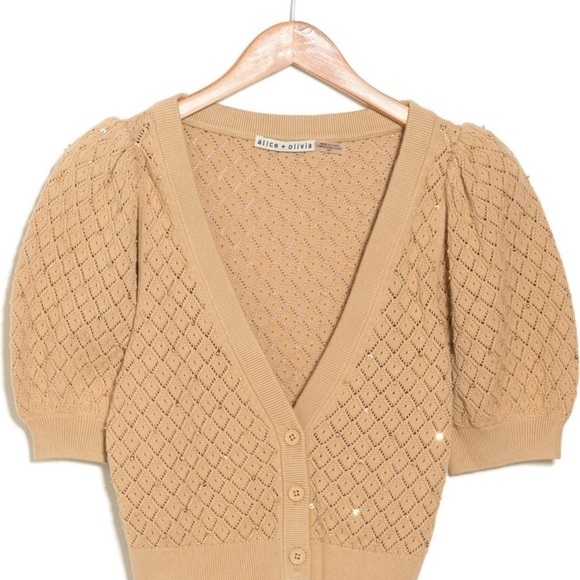 Alice + Olivia Romi embellished crop knit puff sleeve cardigan top - Picture 2 of 3